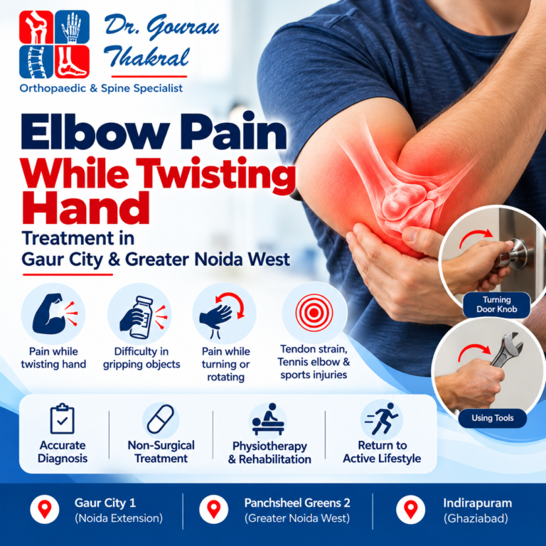 Elbow pain while twisting hand treatment in Gaur City and Greater Noida West for tendon strain, stiffness, tennis elbow and sports injuries
