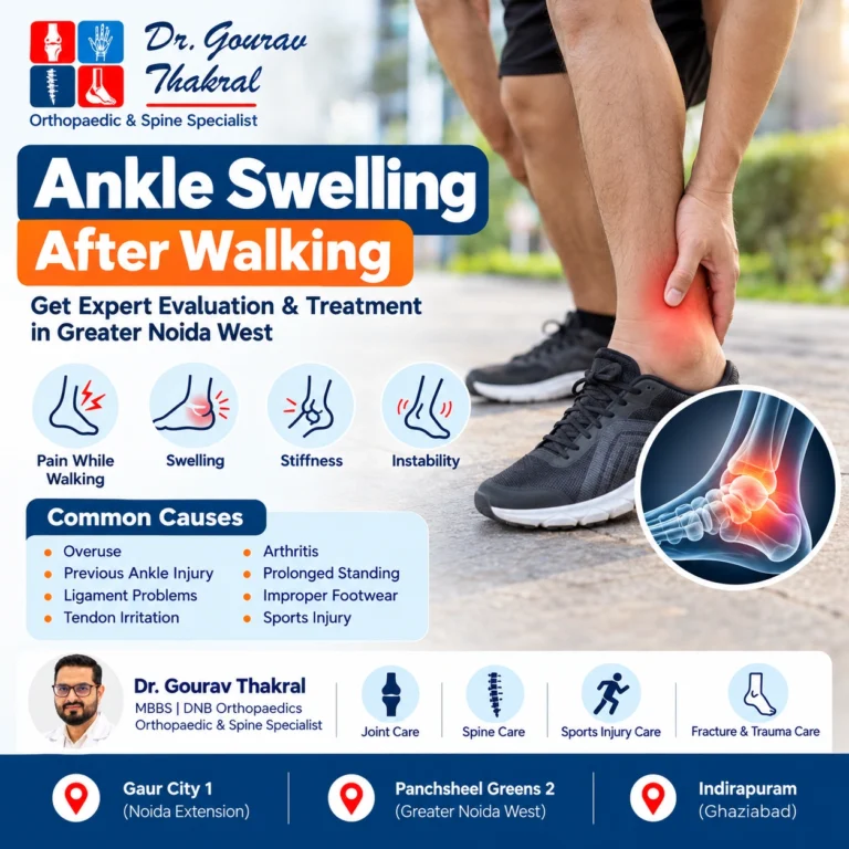 Ankle swelling after walking treatment in Greater Noida West for ankle pain, stiffness, injury and difficulty walking